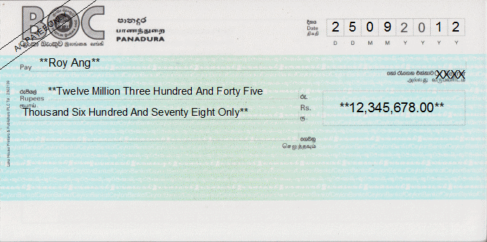 Sample cheque for Alawwa Pradeshiya Sabha